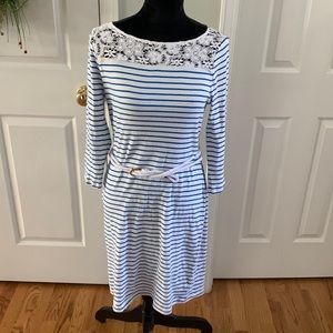 Lauren Ralph Lauren Nautical Stripe Rope Belt Lace 3/4 Sleeve Dress- Size L